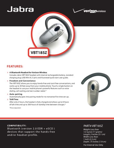 Jabra VBT185Z Bluetooth Headset Quick Start Guide - cover page