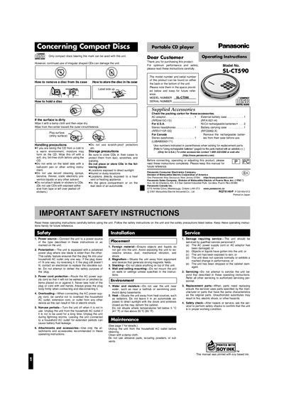 Panasonic SL-CT590 Portable CD Player Operating Instructions - cover page