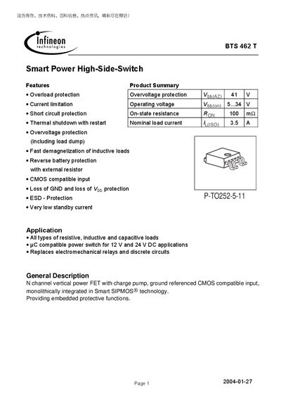 Infineon BTS462T Datasheet - cover page
