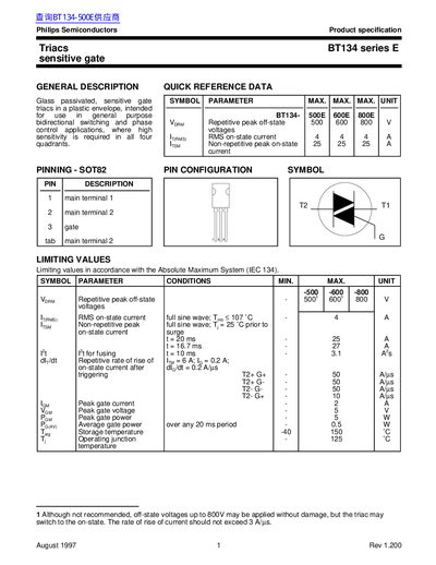 Philips BT134 Series E Triac Datasheet