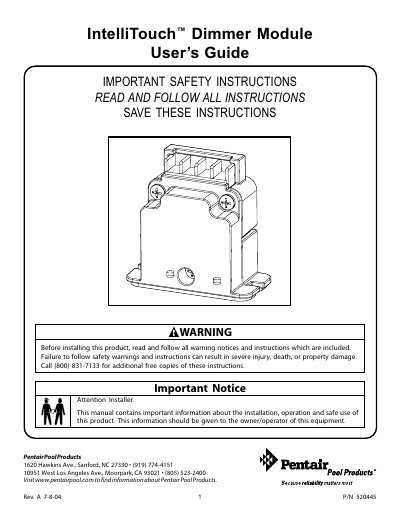 Pentair IntelliTouch Dimmer Module User's Guide - cover page