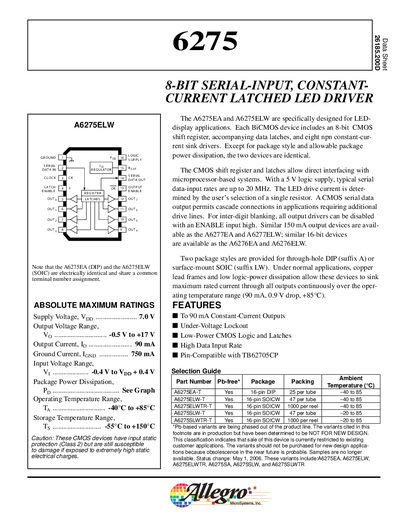 Allegro A6275EA LED Driver Datasheet - cover page