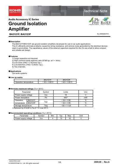 ROHM BA3121F/BA3123F Ground Isolation Amplifier Datasheet - cover page