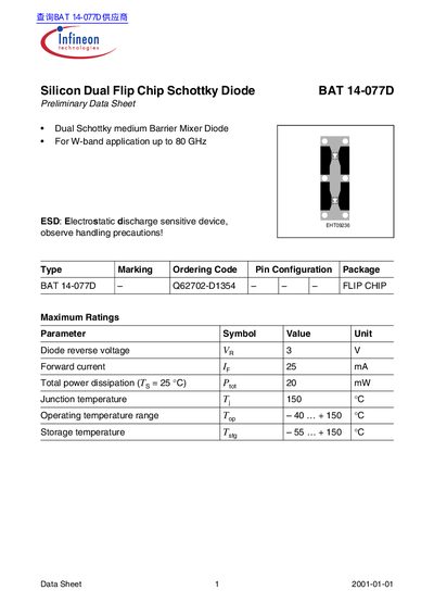 Infineon BAT 14-077D Dual Schottky Diode Datasheet - cover page