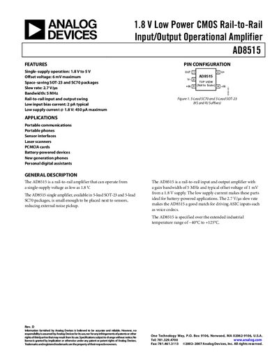 Analog Devices AD8515 Operational Amplifier Datasheet - cover page