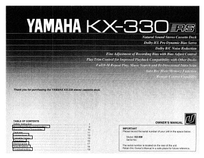 Yamaha KX-330 Natural Sound Stereo Cassette Deck User Manual - cover page