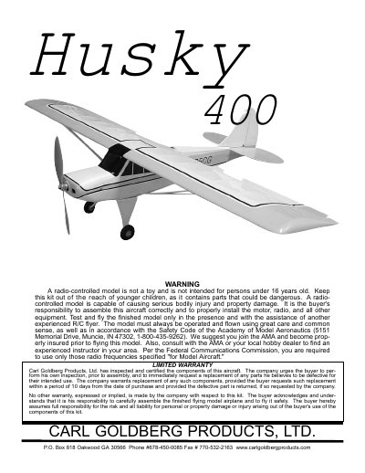 Carl Goldberg Products Husky 400 ARF Radio Controlled Aircraft Assembly Manual - cover page