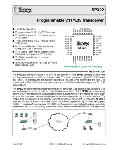 Sipex SP322 V.11/V.35 Serial Transceiver Datasheet - cover page