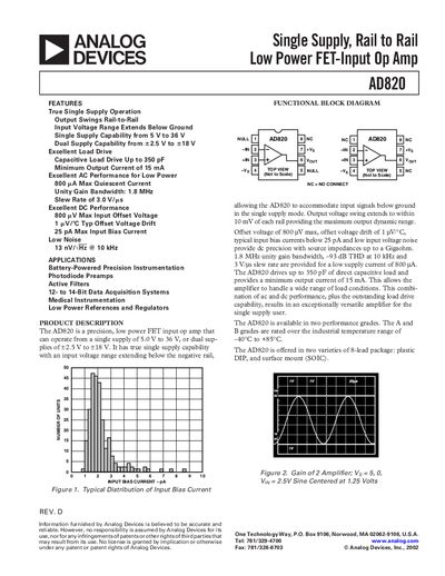Analog Devices AD820 Op Amp Datasheet - cover page