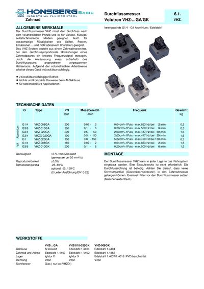 Honsberg VHZ-...GA/GK Flowmeter Technical Data - cover page