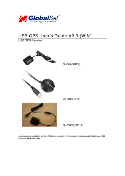 GlobalSat BU-303, BU-353, BU-333N USB GPS User Manual - cover page