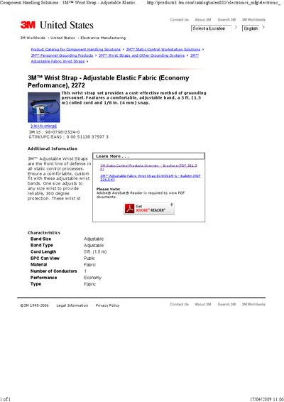 3M 2272 Wrist Strap Adjustable Elastic Fabric Product Leaflet - cover page