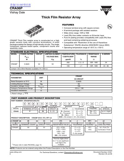 Vishay 8CRA06P Thick Film Resistor Array Datasheet - cover page