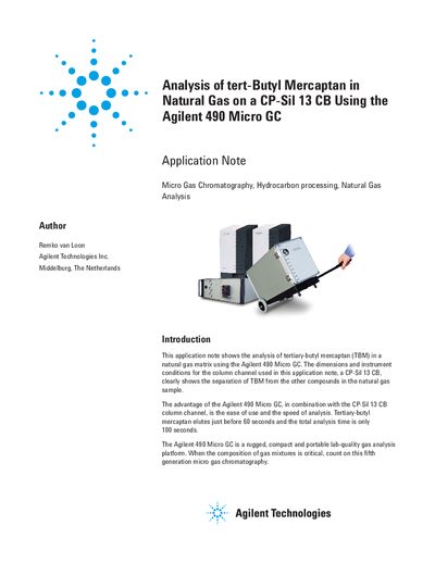 Agilent 490 Micro GC Application Note for tert-Butyl Mercaptan Analysis - cover page