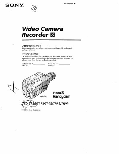 SONY CCD-TP36/73/76/83/93 camcorder Manual - cover page