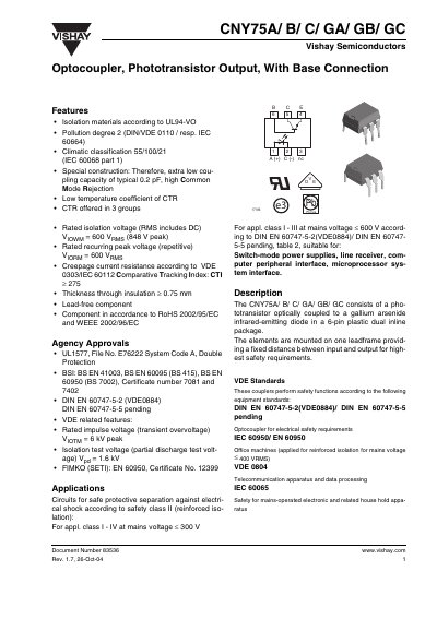 Vishay CNY75A/B/C/GA/GB/GC Optocoupler Handbook - cover page