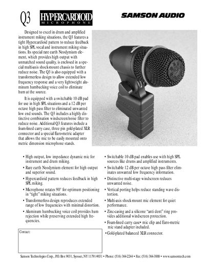 Samson Q3 Microphone Product Leaflet - cover page