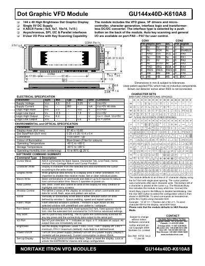 Noritake GU144x40D-K610A8 Dot Graphic VFD Module Manual - cover page