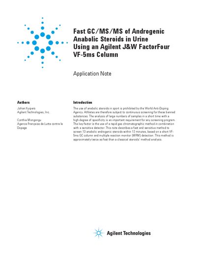 Agilent J&W FactorFour VF-5ms Column Application Note for Fast GC/MS/MS of Androgenic Anabolic Steroids - cover page