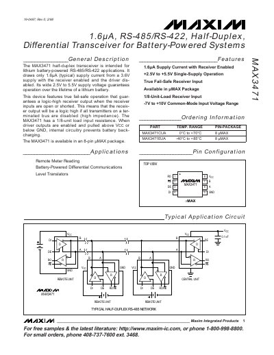 Maxim MAX3471 Half-Duplex RS-485/RS-422 Differential Transceiver Datasheet - cover page