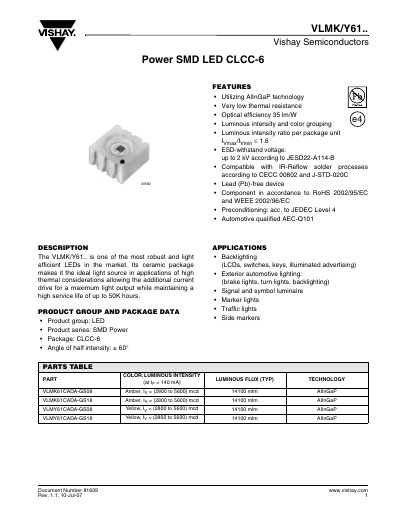 Vishay VLMK/Y61.. Power SMD LED CLCC-6 Datasheet - cover page