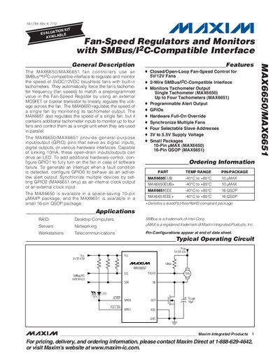 Maxim MAX6650/MAX6651 Fan-Speed Regulator Datasheet - cover page