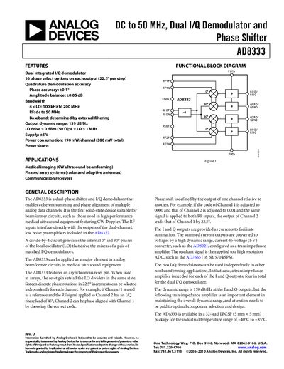 Analog Devices AD8333 Dual I/Q Demodulator and Phase Shifter Datasheet - cover page
