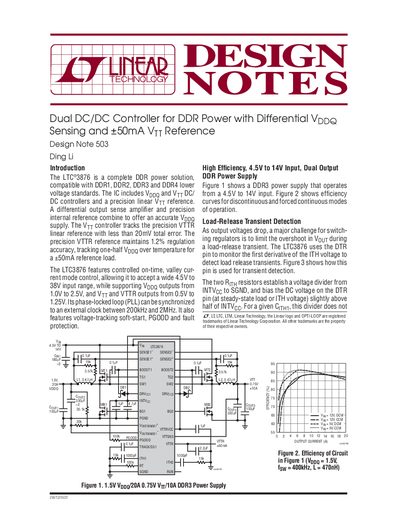 LINEAR Dual DC/DC Controller for DDR Power with Differential VDDQ Sensing &plusmn;50mA VTT Reference Design Note 503 - cover page