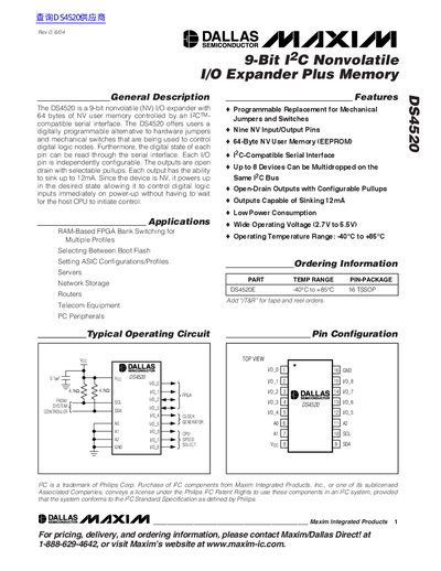 Maxim Integrated Products DS4520 9-Bit I2C Nonvolatile I/O Expander Plus Memory Datasheet - cover page