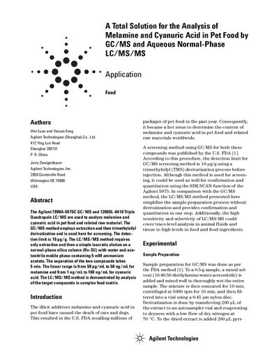 Agilent 7890A-5975C and 1200SL-6410 Melamine Cyanuric Acid Analysis Application Note - cover page