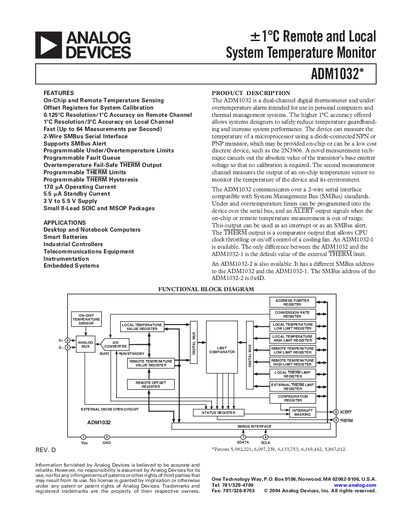 Analog Devices ADM1032 System Temperature Monitor Datasheet - cover page
