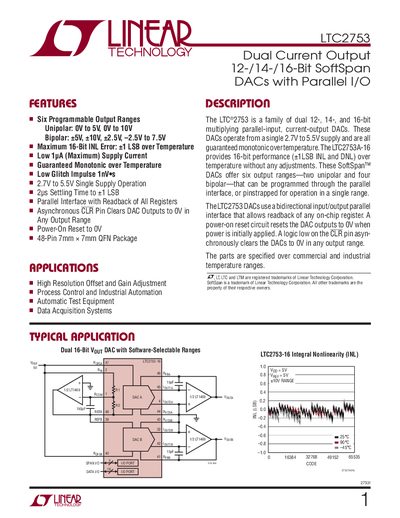 LINEAR LTC2753 Dual Current Output 12-/14-/16-Bit SoftSpan DACs with Parallel I/O Manual - cover page