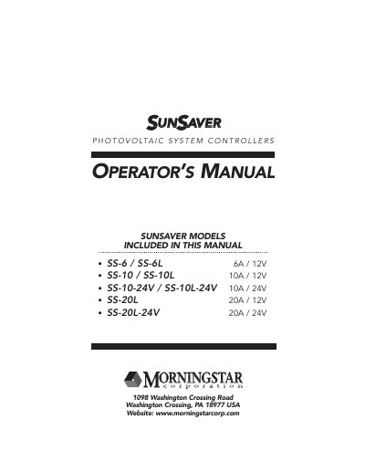 Morningstar SunSaver Photovoltaic System Controllers Operator's Manual - cover page