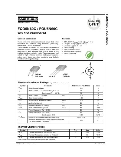 Fairchild Semiconductor FQD5N60C/FQU5N60C 600V N-Channel MOSFET Datasheet - cover page