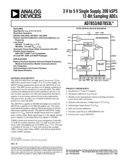 Analog Devices AD7853/AD7853L Datasheet Rev B - cover page