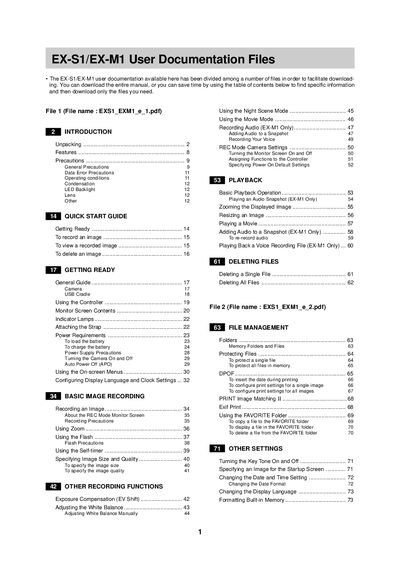 EX-S1/EX-M1 Digital Camera User Documentation Files - cover page