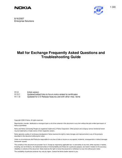 Nokia Mail for Exchange FAQ and Troubleshooting Guide - cover page