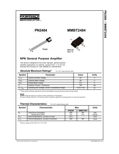 Fairchild PN2484/MMBT2484 NPN General Purpose Amplifier Datasheet - cover page
