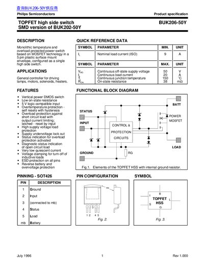 Philips BUK206-50Y TOPFET High Side Switch Datasheet