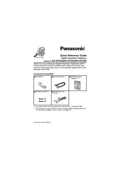 Panasonic KX-DT333/KX-DT343/KX-DT346 quick User Guide - cover page