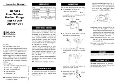 Hanna Instruments HI 3875 Free Chlorine Test Kit Instruction Manual - cover page