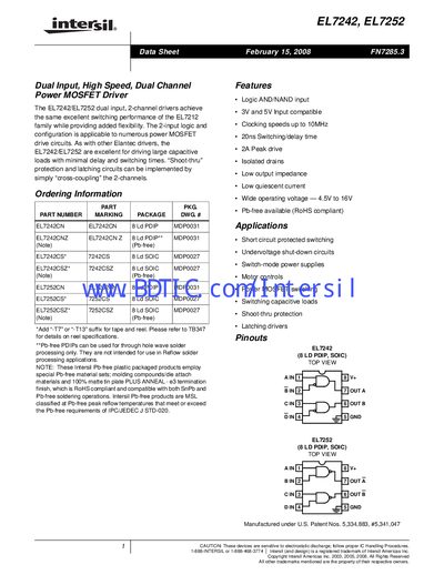 Intersil EL7242/EL7252 Dual Input Power MOSFET Driver Datasheet - cover page