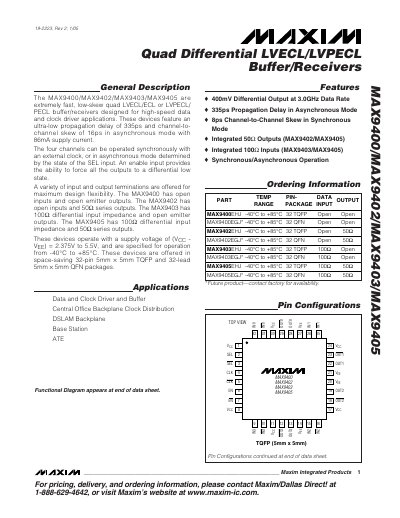 Maxim MAX9400/MAX9402/MAX9403/MAX9405 Quad Differential LVECL/LVPECL Buffer/Receiver Datasheet - cover page