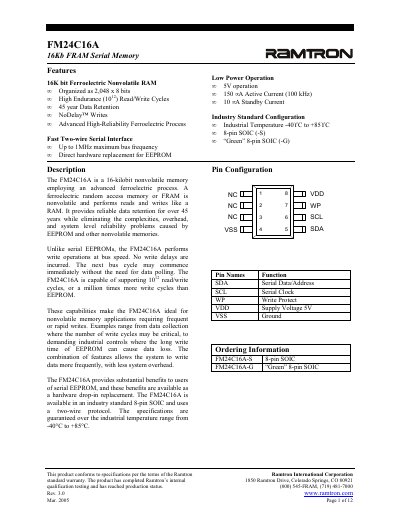 Ramtron FM24C16A 16Kb FRAM Serial Memory Datasheet - cover page