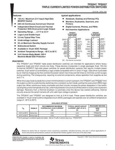 Texas Instruments TPS2047/TPS2057 Triple Current-Limited Power-Distribution Switches Datasheet - cover page