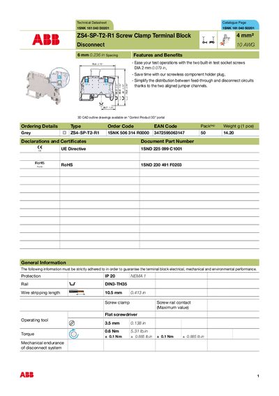 ABB ZS4-SP-T2-R1 Screw Clamp Terminal Block Technical Datasheet - cover page