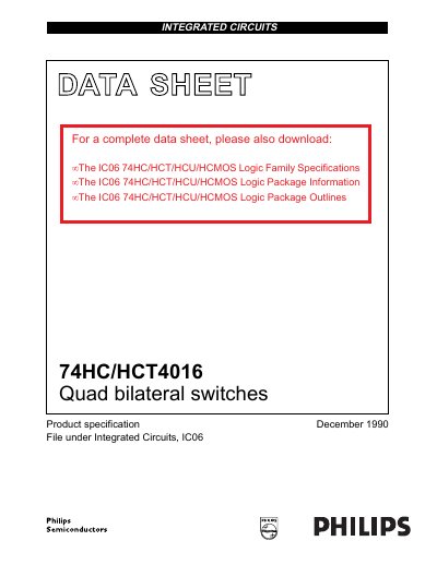 Philips 74HC/HCT4016 Quad Bilateral Switches Datasheet - cover page