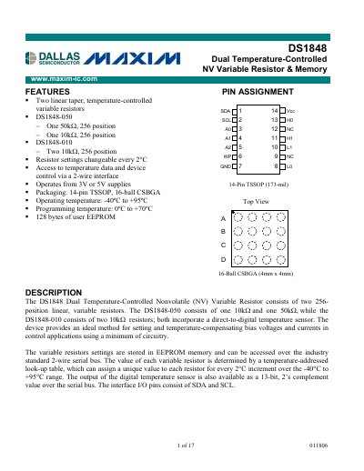 Maxim DS1848 Dual Temperature-Controlled NV Variable Resistor Datasheet - cover page