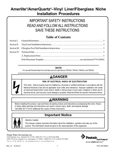 Pentair Amerlite/AmerQuartz Niche Installation Guide - cover page