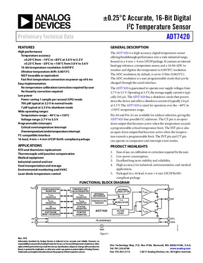 Analog Devices ADT7420 Digital I2C Temperature Sensor Datasheet - cover page